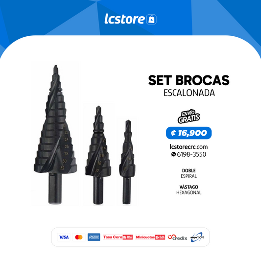 Brocas Escalonadas (3 pcs + estuche) de doble espiral de nitruro