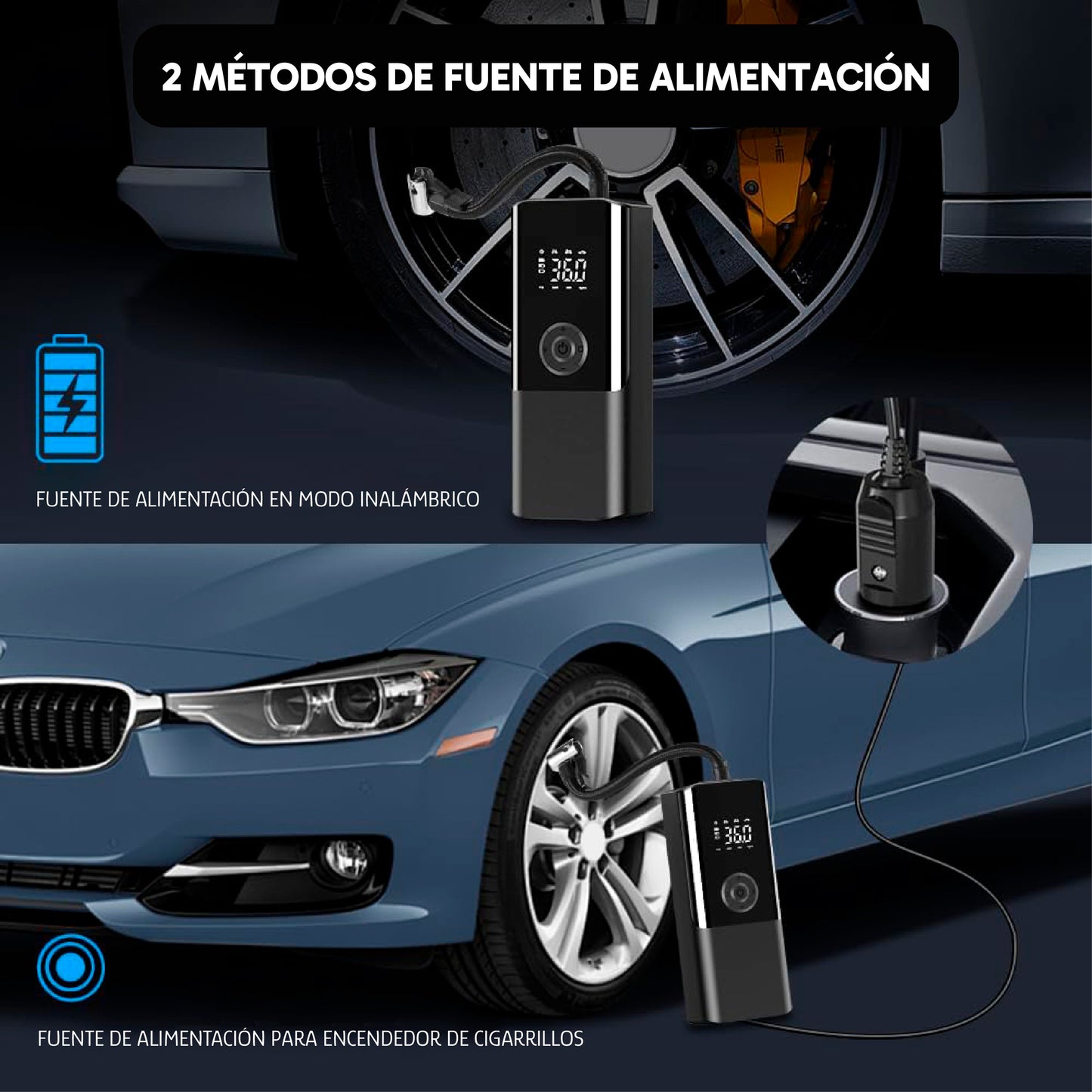 Inflador de Aire Portátil para Neumáticos y Powerbank - 150 Psi