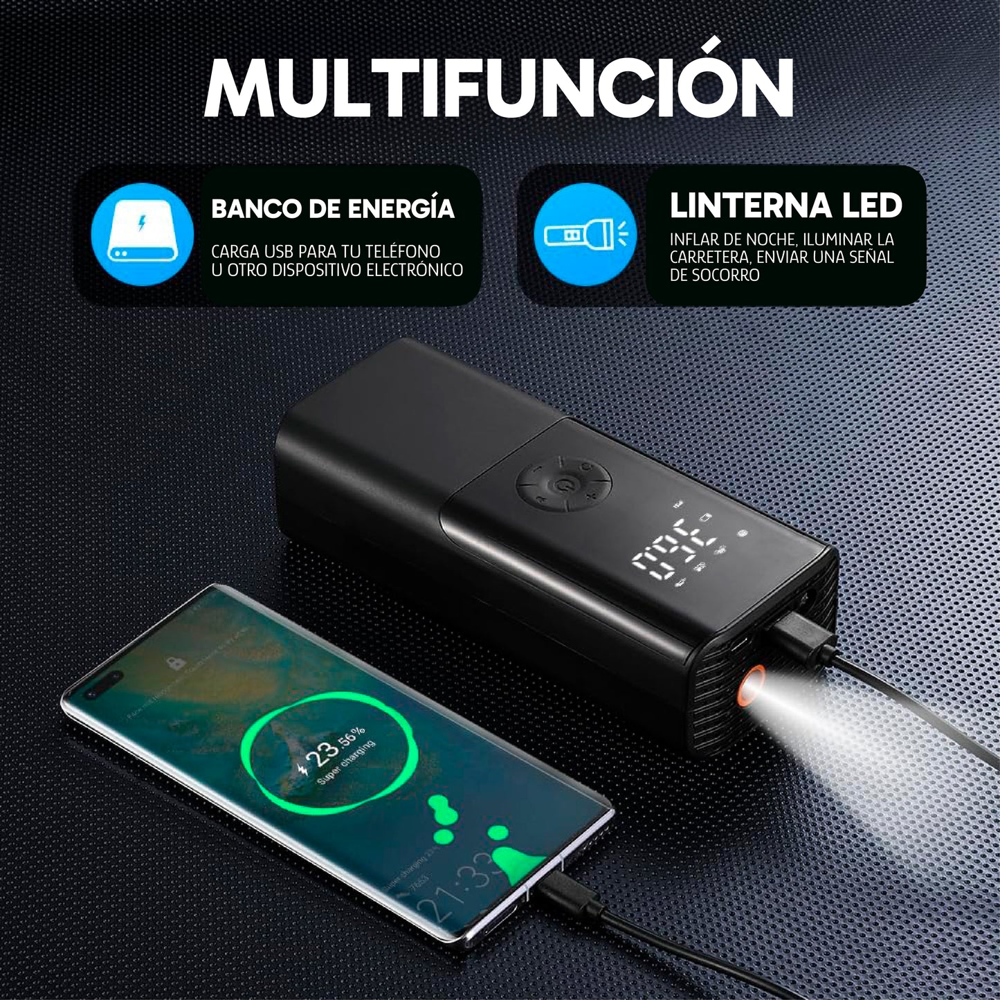 Inflador de Aire Portátil para Neumáticos y Powerbank - 150 Psi