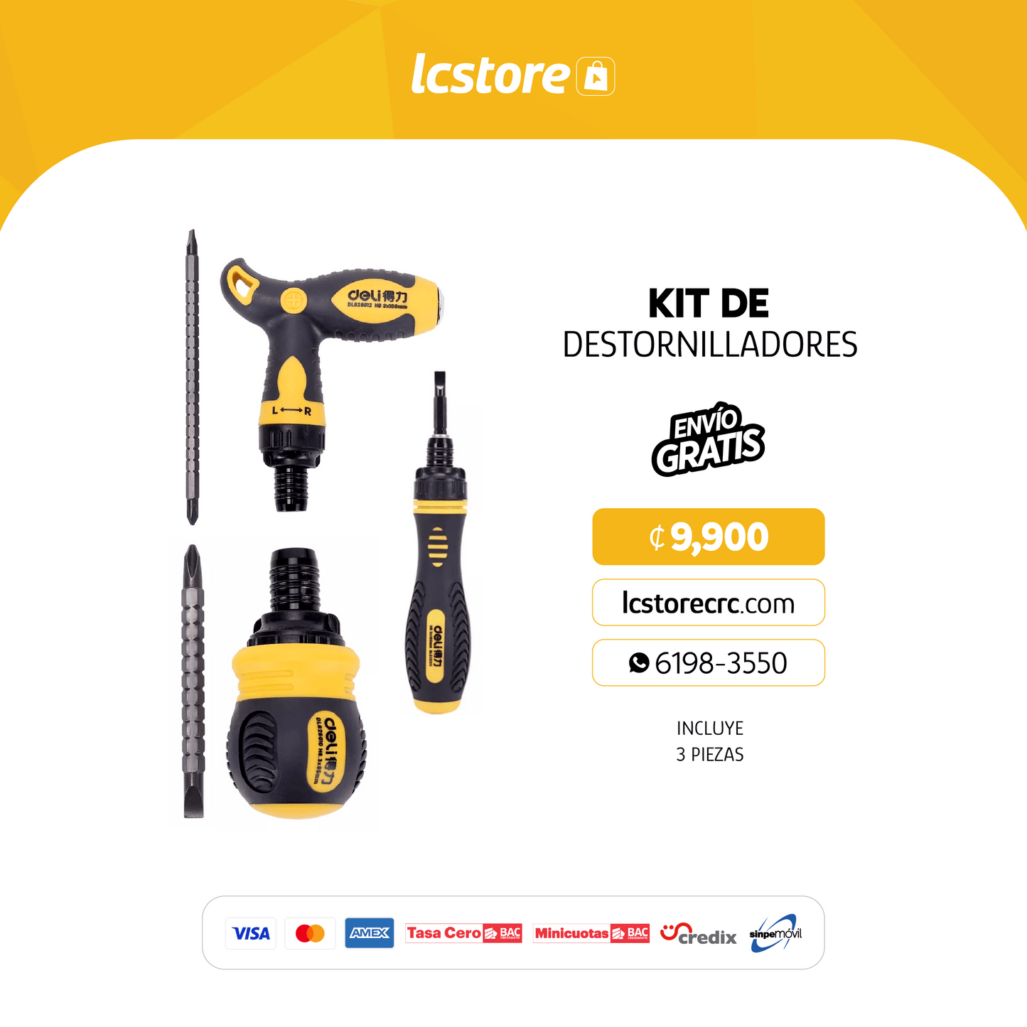 Kit de 3 Destornilladores de Trinquete Doble Punta