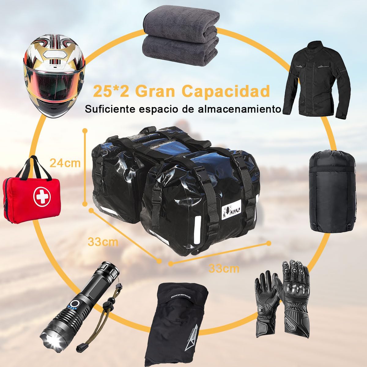 Alforjas de Motocicleta Impermeable PVC 50L (25L*2)/ Bolsos Laterales para motocicleta