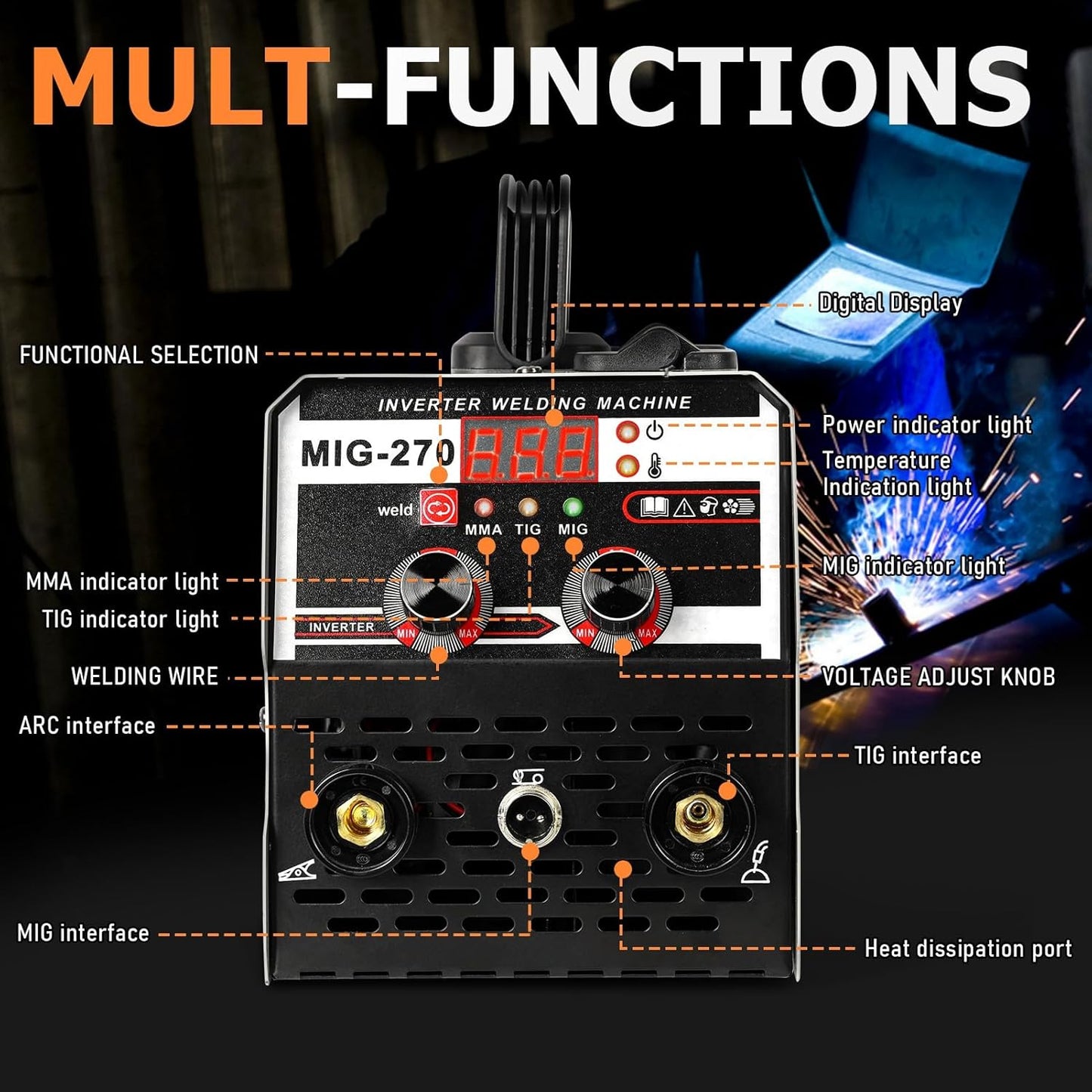 Máquina de Soldar MIG 3 en 1 Multiproceso con Pantalla LED - 20-250A (MIG,TIG,ARC)