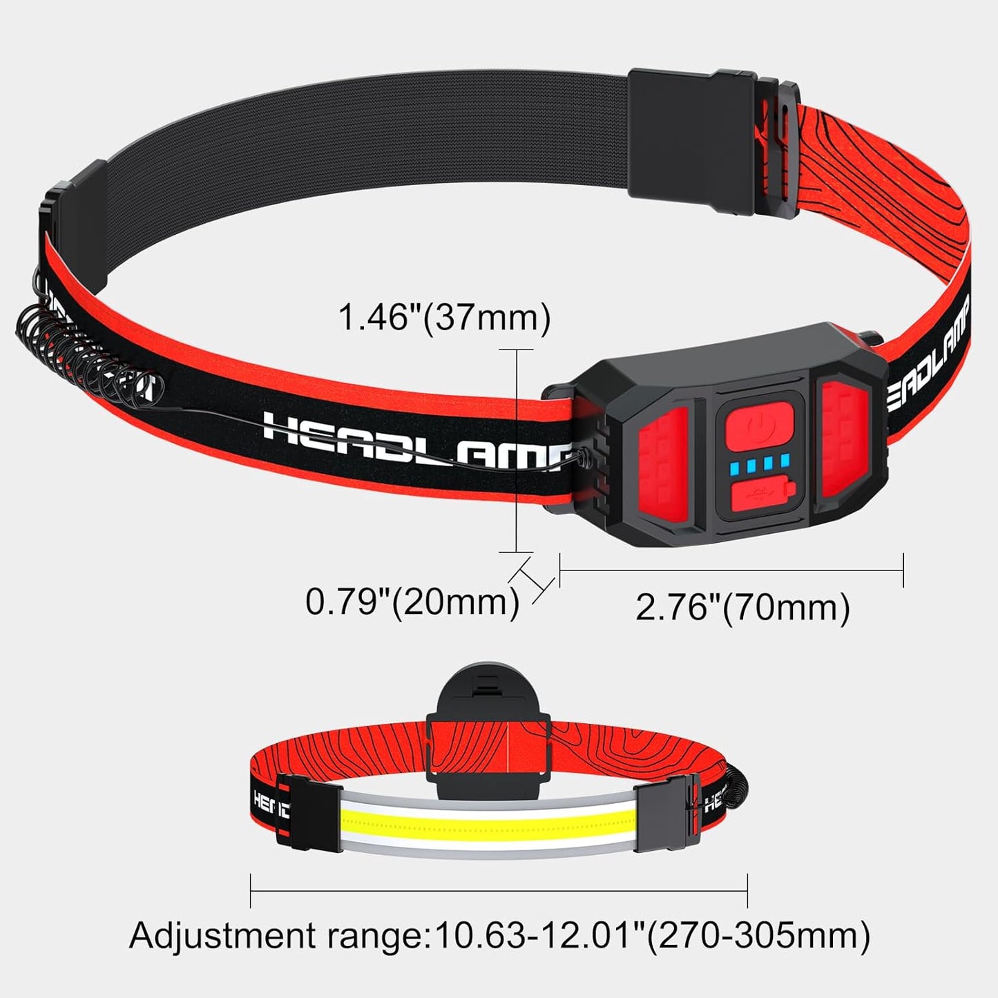 Foco Frontal LED Recargable - 230° Haz Ancho y Luz Trasera Roja