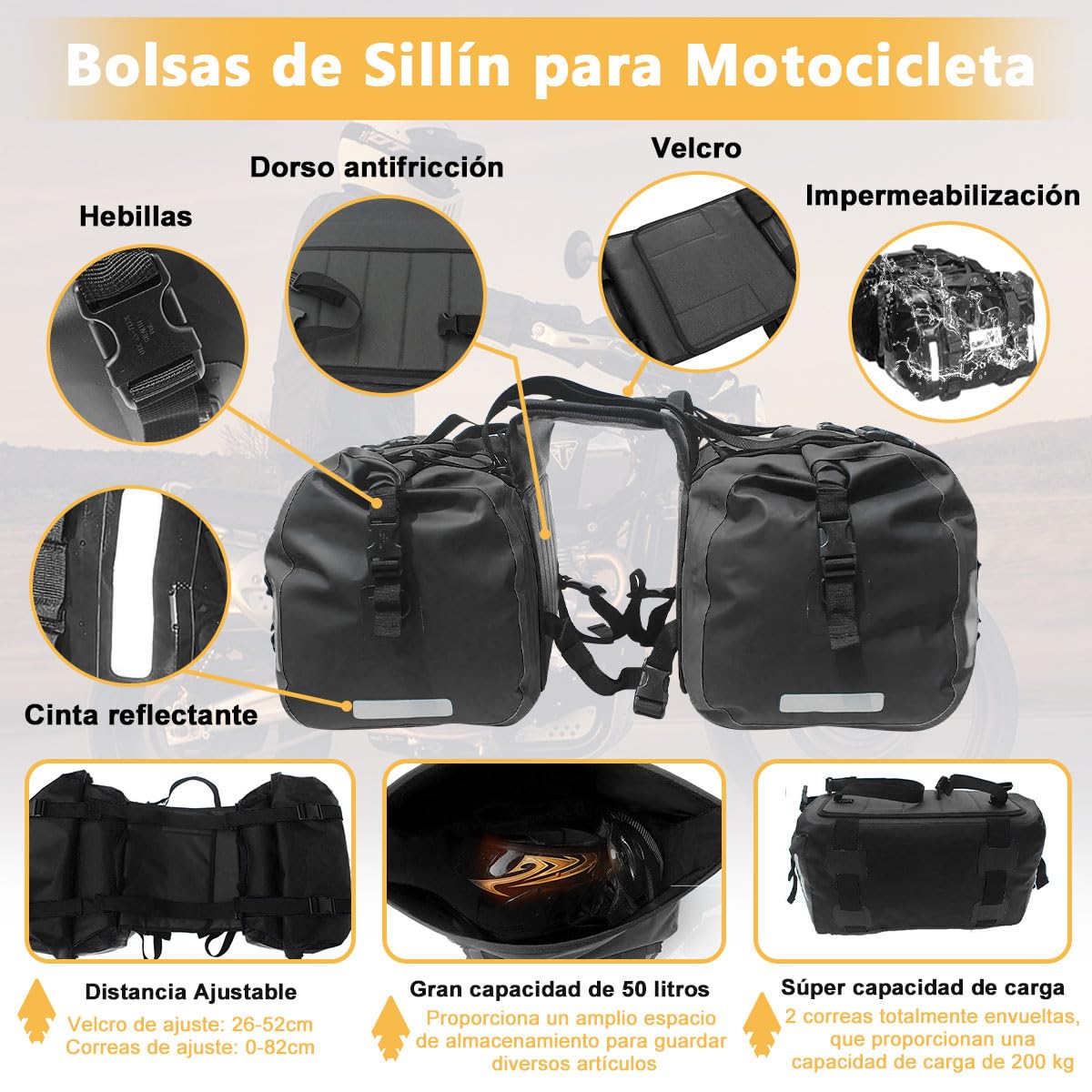 Alforjas de Motocicleta Impermeable PVC 50L (25L*2)/ Bolsos Laterales para motocicleta