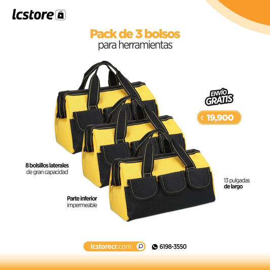 Pack de 3 bolsos para guardar herramientas y productos de hogar con parte inferior impermeable de 13 pulgadas